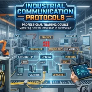 Modern e‑learning image showing Industrial Communication Protocols course visuals