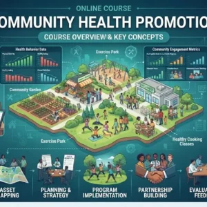 Modern educational image for Community Health Promotion course with wellness education and community engagement visuals
