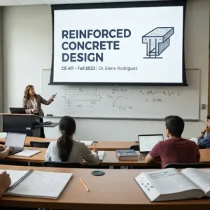 High-quality educational course image for Reinforced Concrete Design with concrete structures and reinforcement visuals.
