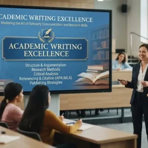 High-quality educational course image showing Academic Writing Excellence with writing and academic visuals.
