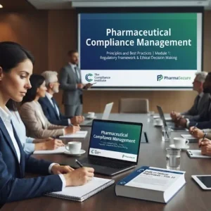 Modern educational image for Pharmaceutical Compliance Management course with regulatory and compliance visuals