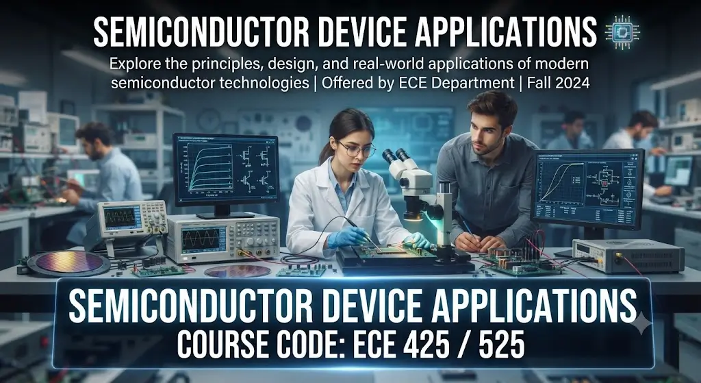 High-quality educational course image for Semiconductor Device Applications with semiconductor devices and electronics visuals.
