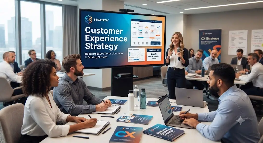 High-quality educational course image for Customer Experience Strategy with customer journey and satisfaction visuals.