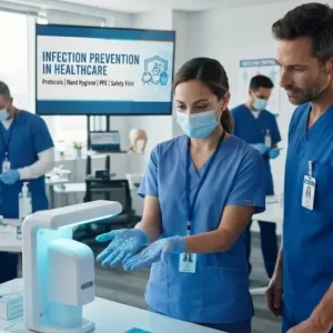 Professional e-learning image showing Infection Prevention in Healthcare and patient safety concepts
