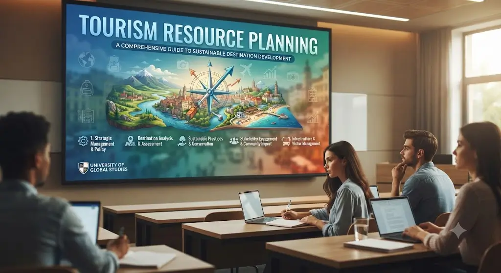 High-quality educational course image featuring Tourism Resource Planning with modern visuals
