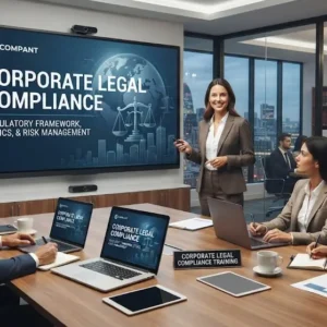 High-quality educational course image showing Corporate Legal Compliance with law and governance visuals.