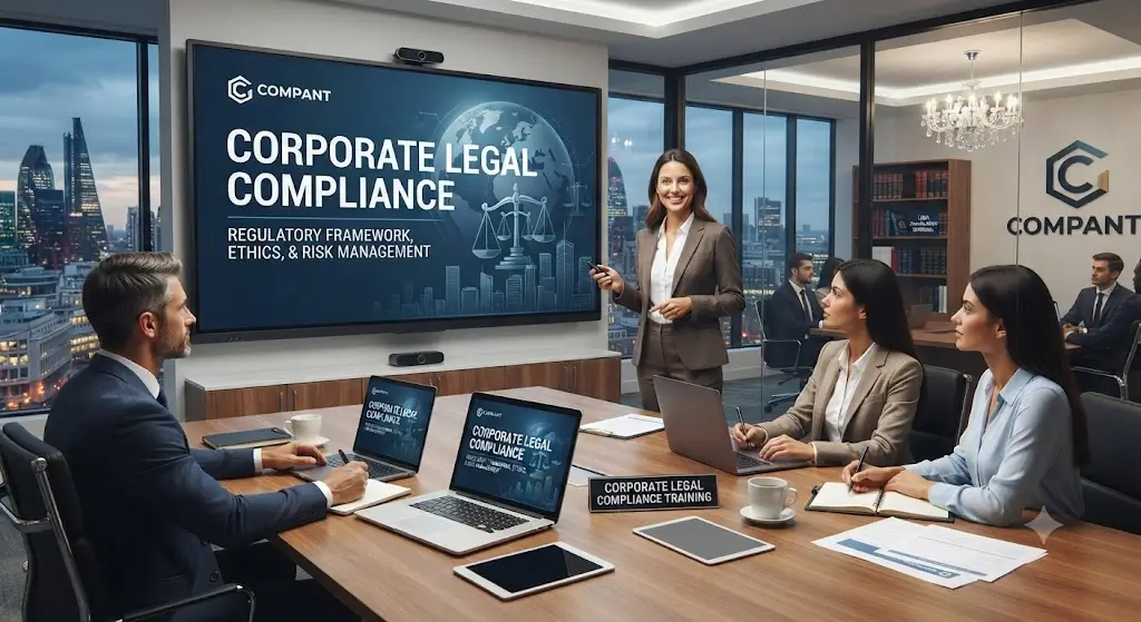 High-quality educational course image showing Corporate Legal Compliance with law and governance visuals.