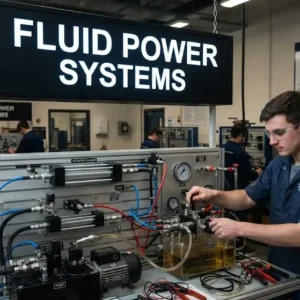 High-quality educational course image for Fluid Power Systems with hydraulic and pneumatic engineering visuals.