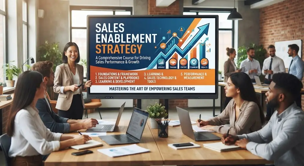 High-quality educational course image for Sales Enablement Strategy with sales training and performance visuals.