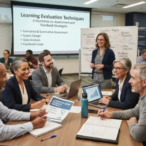 Modern educational image for Learning Evaluation Techniques course with assessment and evaluation visuals