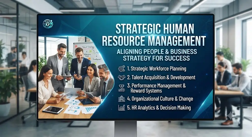 Modern educational image for Strategic Human Resource Management course with HR strategy and organizational alignment visuals