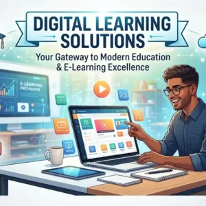 Modern educational image for Digital Learning Solutions course with digital platforms and e-learning visuals