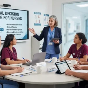 Professional e-learning image showing Clinical Decision Making for Nurses and evidence-based practice concepts