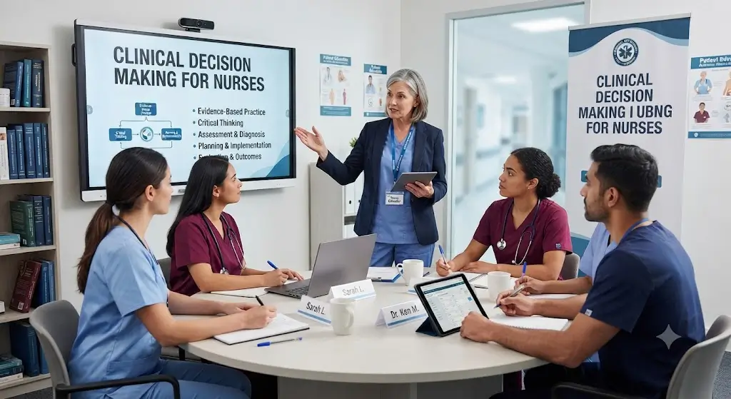 Professional e-learning image showing Clinical Decision Making for Nurses and evidence-based practice concepts