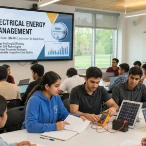 High-quality educational course image for Electrical Energy Management with energy efficiency and monitoring visuals.