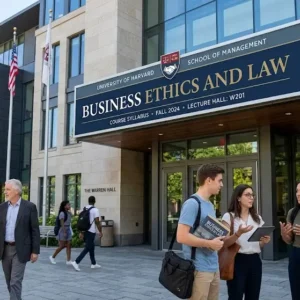 High-quality educational course image showing Business Ethics and Law with legal and ethical visuals.