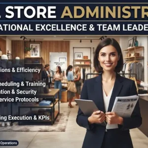Modern educational image for Retail Store Administration course with store operations and management visuals