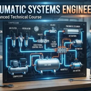 High-quality educational course image for Pneumatic Systems Engineering with pneumatic circuits and industrial engineering visuals.