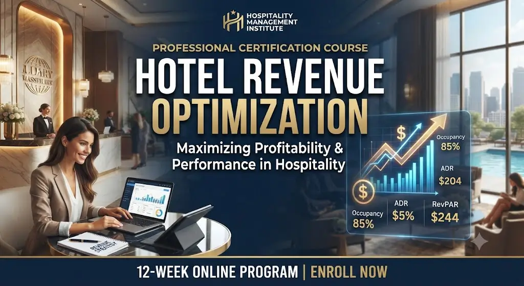 High-quality educational course image featuring Hotel Revenue Optimization with modern visuals