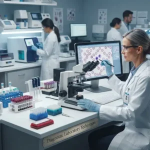 Modern educational image for Diagnostic Laboratory Techniques course with diagnostic tools and laboratory visuals