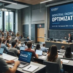 Modern e‑learning image showing Industrial Engineering Optimization course visuals