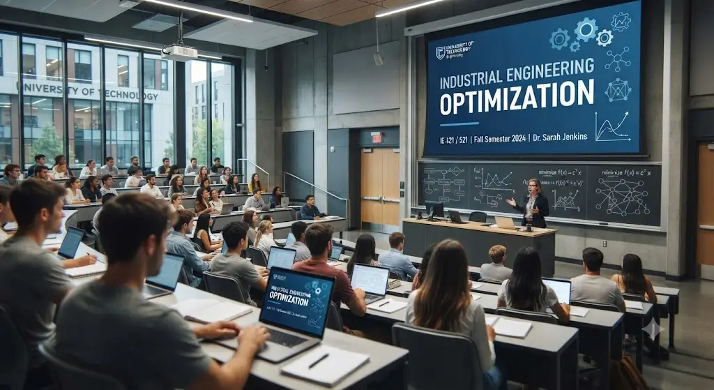 Modern e‑learning image showing Industrial Engineering Optimization course visuals
