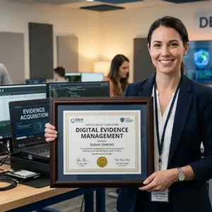 High-quality educational course image showing Digital Evidence Management with digital forensics and cybersecurity visuals.