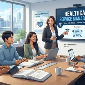 Modern e‑learning image showing Healthcare Service Management course visuals
