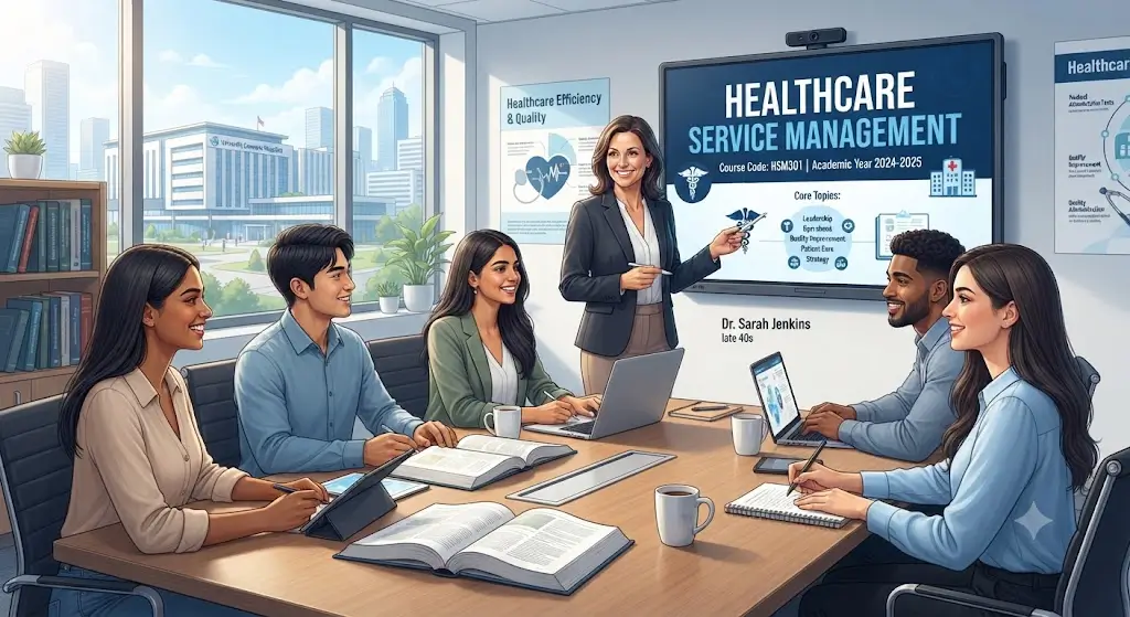 Modern e‑learning image showing Healthcare Service Management course visuals