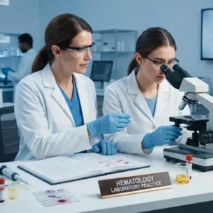 Modern educational image for Hematology Laboratory Practice course with blood analysis and laboratory visuals