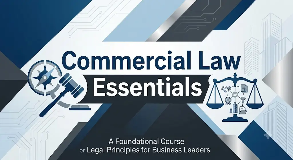 High-quality educational course image showing Commercial Law Essentials with legal and business visuals.