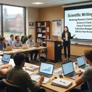High-quality educational course image showing Scientific Writing Skills with research writing and scientific visuals.