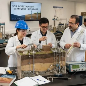 High-quality educational course image for Soil Investigation Techniques with soil sampling and testing visuals.
