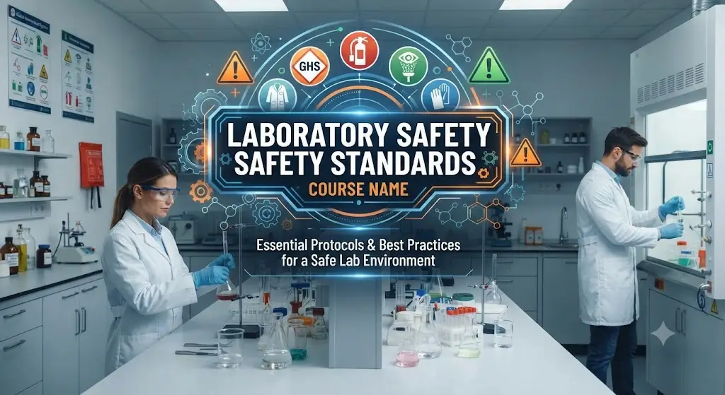 Modern educational image for Laboratory Safety Standards course with safety and compliance visuals