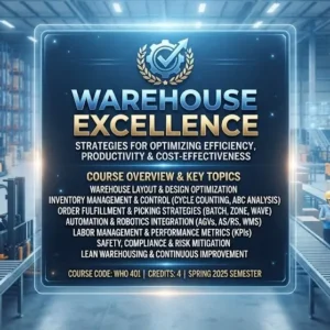 Modern educational image for Warehouse Operations Excellence course with warehouse and logistics visuals