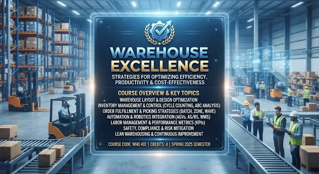 Modern educational image for Warehouse Operations Excellence course with warehouse and logistics visuals