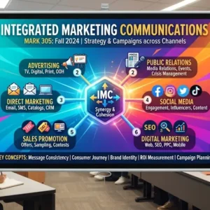 High-quality educational course image for Integrated Marketing Communications with unified messaging and cross-channel strategy visuals.