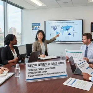 Modern educational image for Public Health Administration course with healthcare leadership and policy visuals