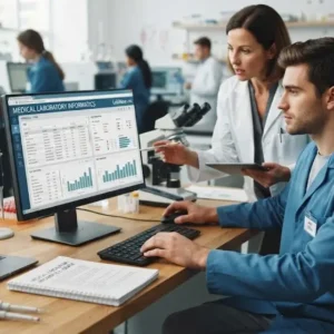 Modern educational image for Medical Laboratory Informatics course with digital health and laboratory data visuals