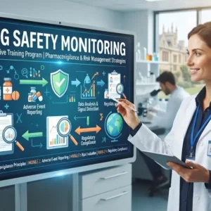 Professional e-learning image showing Drug Safety Monitoring tools and compliance practices