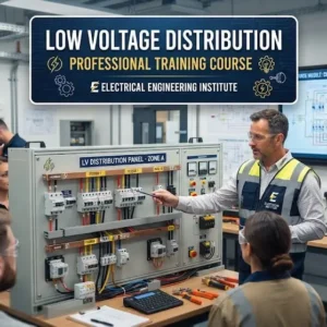 High-quality educational course image for Low Voltage Distribution with electrical distribution and safety system visuals.