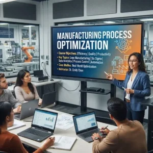 High-quality educational course image for Manufacturing Process Optimization with lean manufacturing and efficiency visuals.