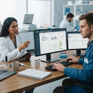 Modern educational image for Laboratory Data Management course with secure data and laboratory information system visuals