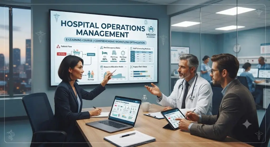 Professional e-learning image showing Hospital Operations Management and healthcare workflow concepts