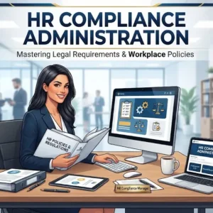 Modern educational image for HR Compliance Administration course with compliance and HR policy visuals