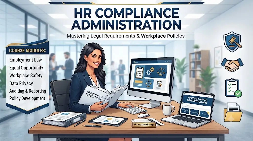 Modern educational image for HR Compliance Administration course with compliance and HR policy visuals