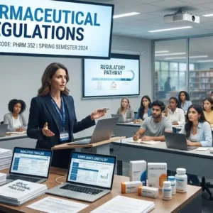 Professional e-learning image showing Pharmaceutical Regulations compliance and standards