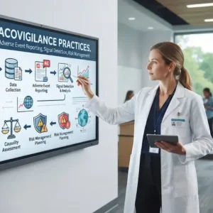 Professional e-learning image showing Pharmacovigilance Practices and drug safety concepts