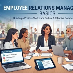 Modern educational image for Employee Relations Management Basics course with workplace harmony and conflict resolution visuals