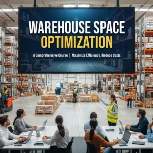 Modern educational image for Warehouse Space Optimization course with warehouse layout and storage visuals